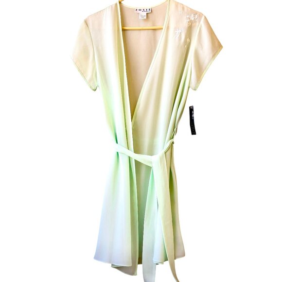 JOSIE Natori Vintage Sheer GREEN Short Robe Self Tie Embroidery NEW - Picture 4 of 15